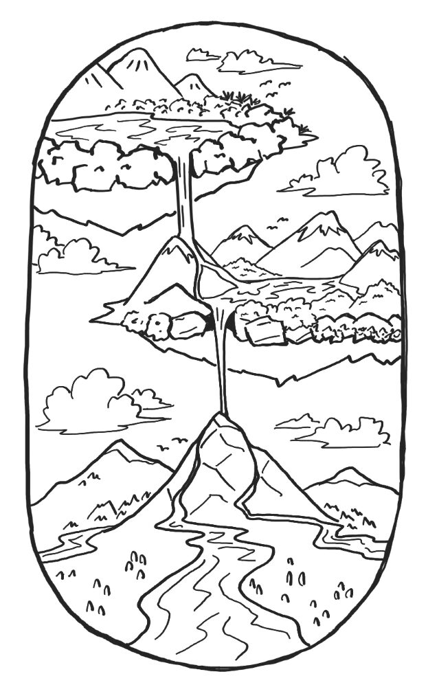 Digital lineart fantasy sketch of water falling from two floating sky islands, which falls further lower down a mountain to become a river.