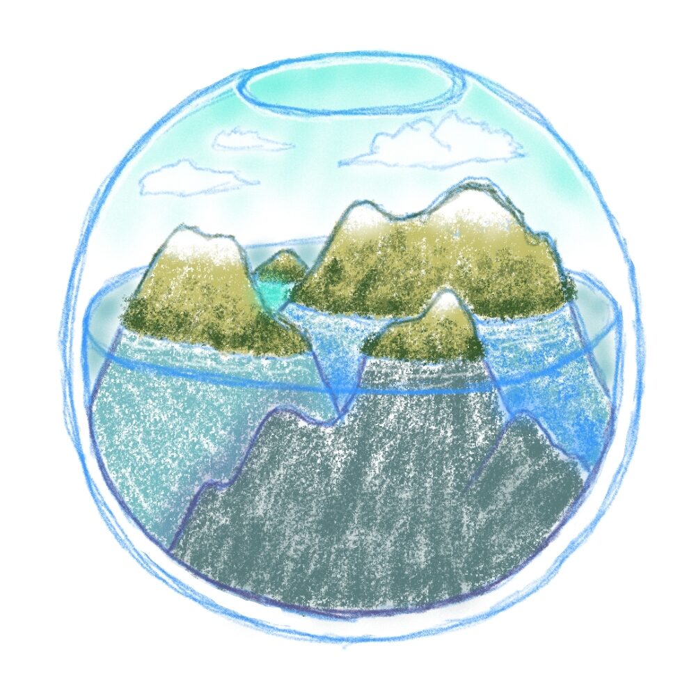 Coloured digital sketch of a fantasy terrarium containing miniature mountains mostly submerged underwater with only the submits peaking out of the water.
