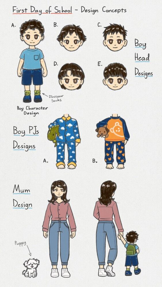 Digital sketches of design concepts for the 'First Day of School' picture book featuring designs for the boy character's head, the boy's school uniform, boy's pjs designs and design of the mum and puppy.