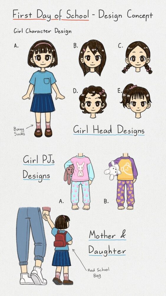 Digital sketches of design concepts for the 'First Day of School' picture book featuring designs for the girl character's head, the girl's school uniform, girl's pjs designs and the height of the girl compared to the mother.