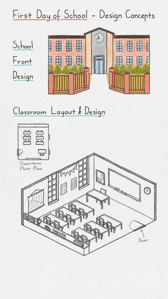 Digital sketches of design concepts for the 'First Day of School' picture book featuring designs for the school's front and front gate, as well as the classroom design and layout.