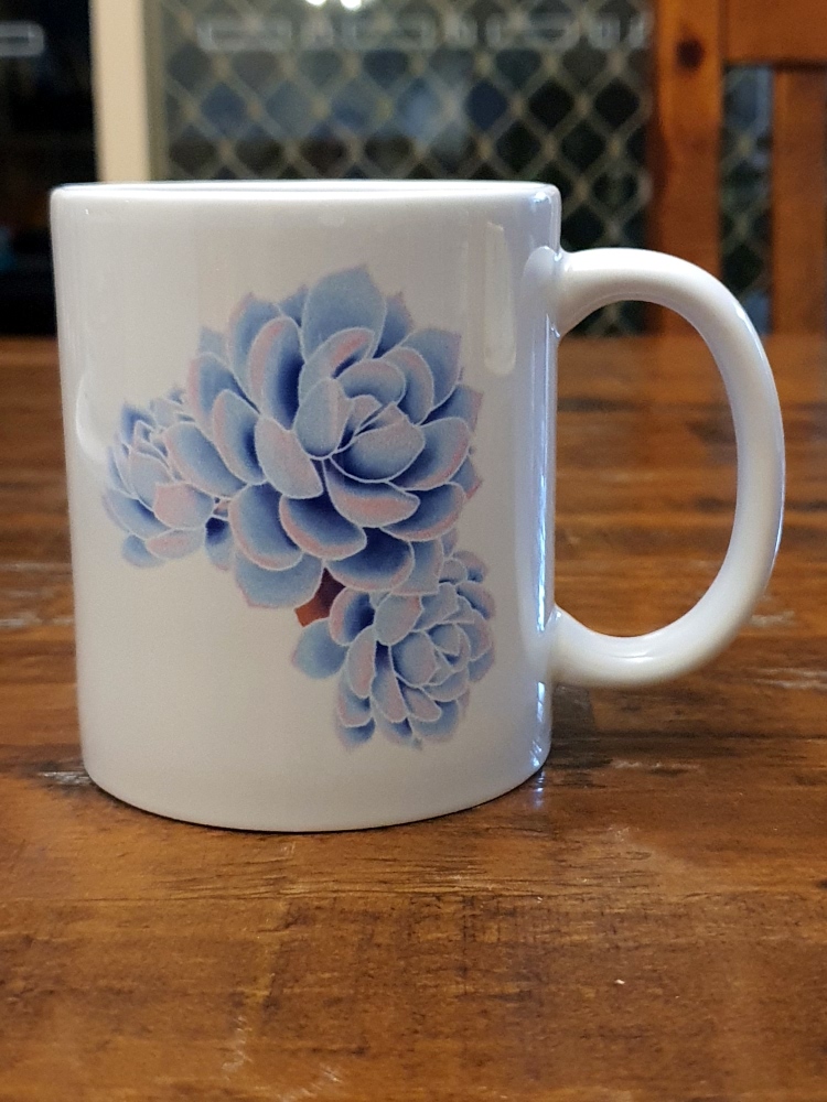 Photo of blue succulant mug showing the right side.