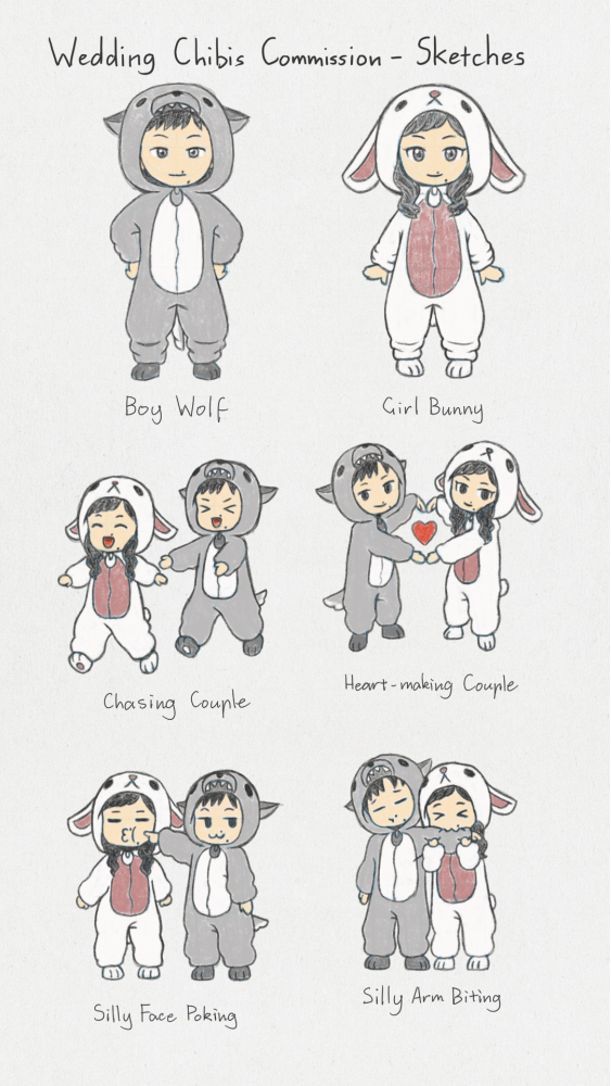 Digital sketches for wedding chibi commission that includes a boy wolf and a girl bunny characters wearing animal onesies and four sketches of them in various poses.