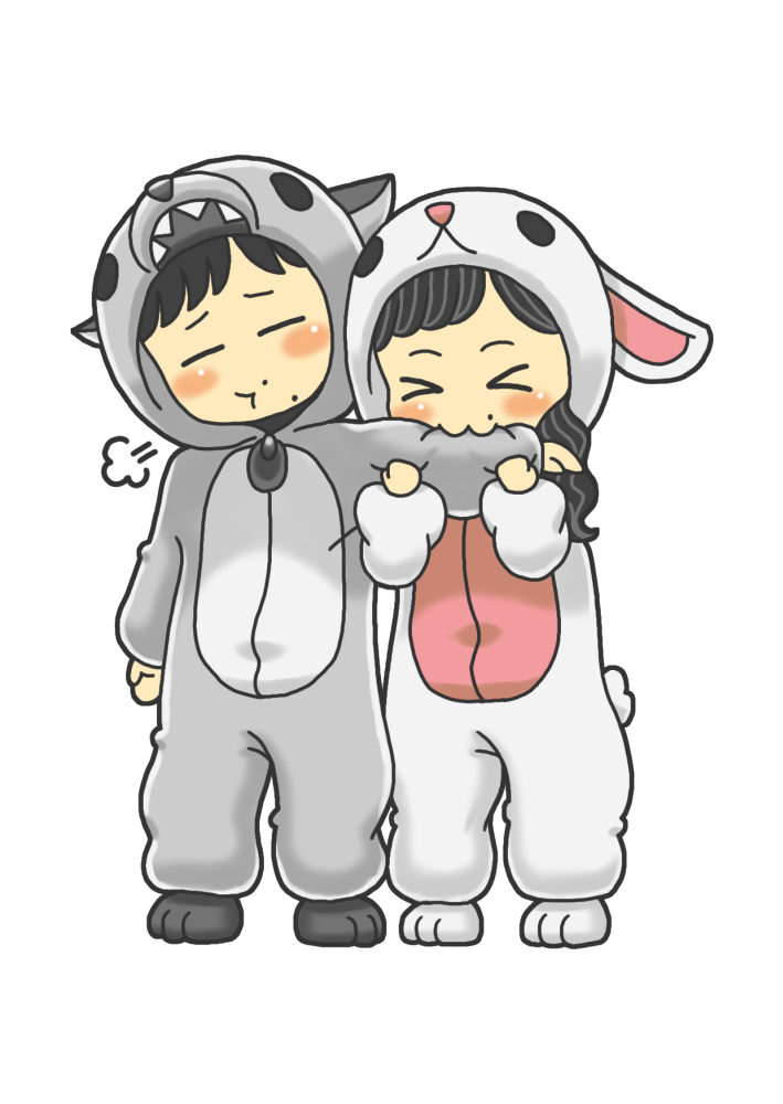 Digital illustration of a chibi couple wearing a wolf and bunny onesie, the female chibi is playfully biting the arm of the male chibi.