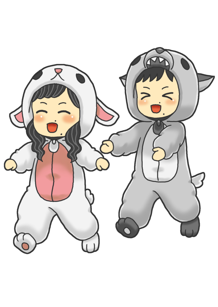 Digital illustration of a chibi couple wearing a bunny and wolf onesie, the male chibi is playfully chasing the female chibi.