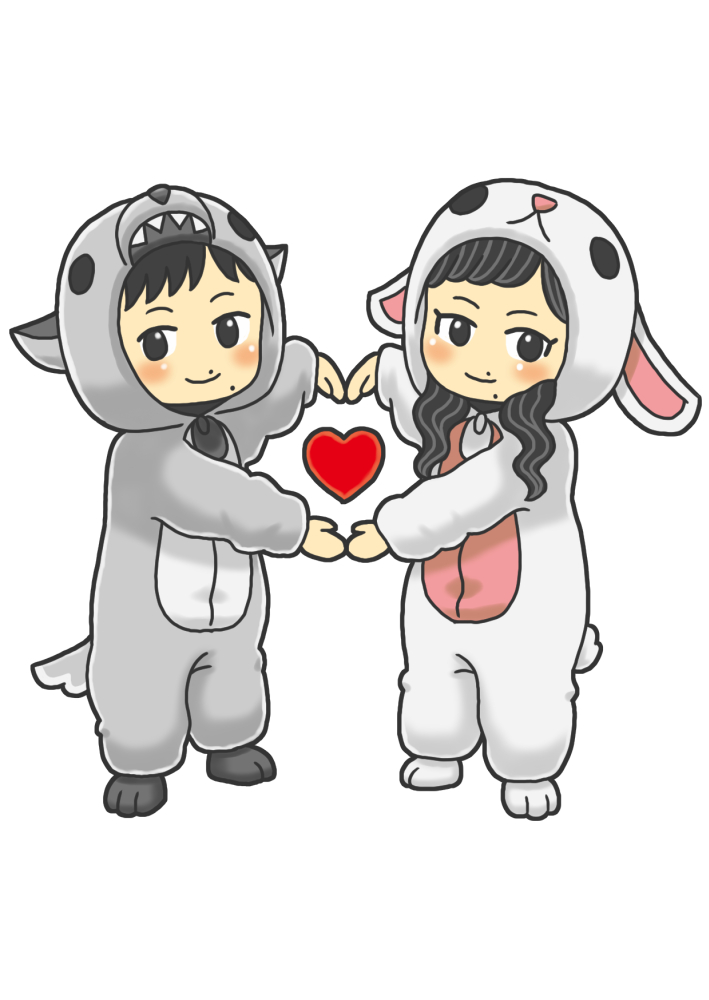 Digital illustration of a chibi couple wearing a wolf and bunny onesie, both male and female chibis form a heart shape with their arms.