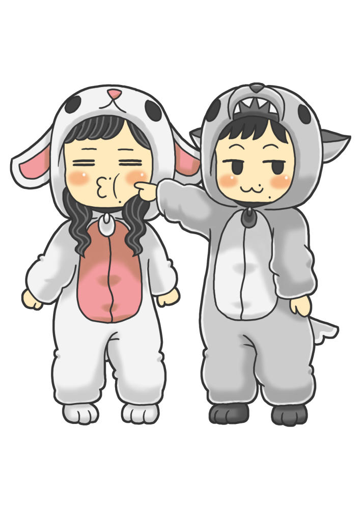 Digital illustration of a chibi couple wearing a bunny and wolf onesie, the male chibi is poking the cheek of the female chibi.